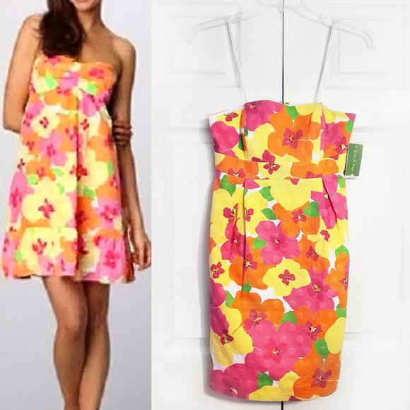 Lilly Pulitzer Strapless Floral Dress - Vibrant Pink, Orange, Yellow - Picture 1 of 14